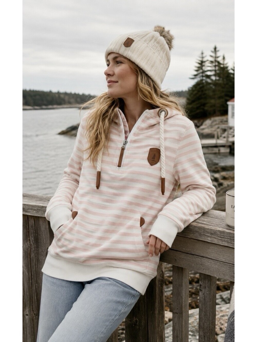Wanakome  Roxie Peony Ivory Striped 1/2 Zip Cowl Neck Hoodie L Nautical